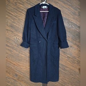 Vintage Ashley Scott Navy Blue Women's Petite Trench Coat Made In USA 100% Wool